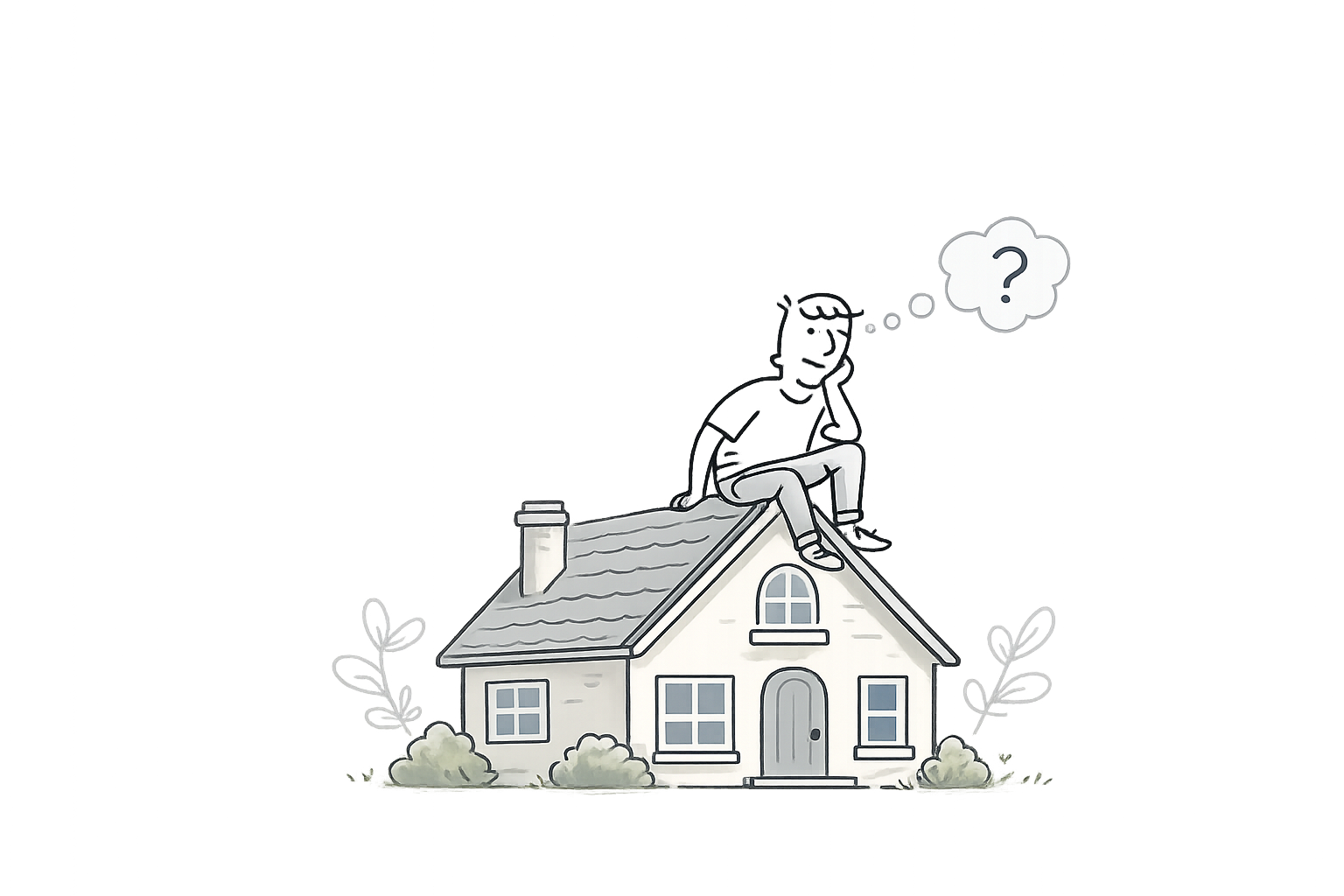 Sketch of a person on a home thinking Buying or Selling Your Home?